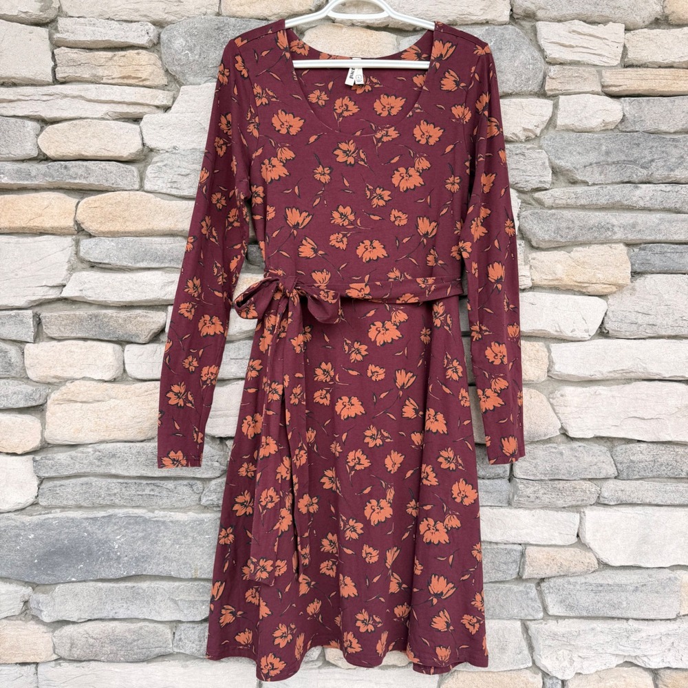 PACT Organic Cotton Floral Fit & Flare Long Sleeve Tie Waist Dress Large L
